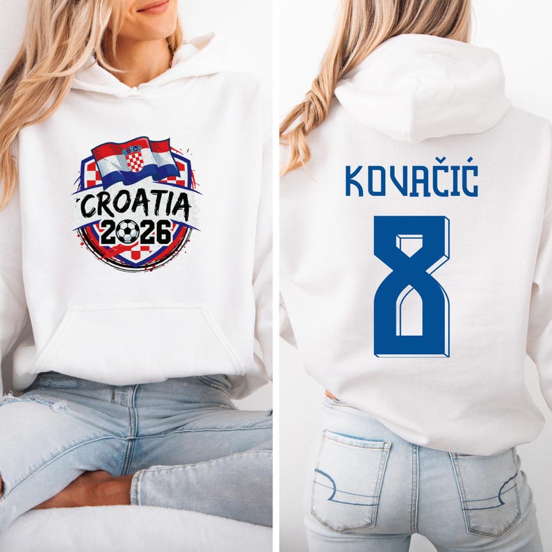 A white hoodie with a graphic design and text, and a person wearing the hoodie with the back facing the camera.