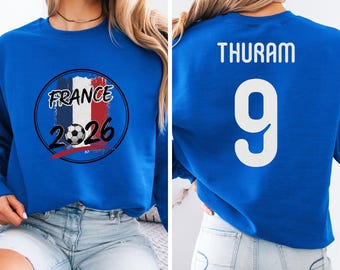 Camiseta gráfica de jugador estrella de Francia Thuram #9, estilo camiseta de fútbol de dos caras, regalo personalizado, camiseta unisex inspirada en los fanáticos del fútbol del torneo mundial.