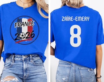 Camiseta gráfica de jugador estrella de Francia Zaire-Emery #8, estilo camiseta de fútbol de dos caras, regalo personalizado, camiseta unisex inspirada en el Mundial de Fútbol.