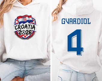 Camiseta gráfica de jugador estrella croata Gvardiol #4, estilo camiseta de fútbol de dos caras, regalo personalizado, camiseta unisex inspirada en los aficionados al fútbol del Mundial.