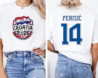 Camiseta gráfica de Perisic #14, jugador estrella croata, estilo camiseta de fútbol de dos caras, regalo personalizado, camiseta unisex inspirada en los aficionados al fútbol del Mundial.