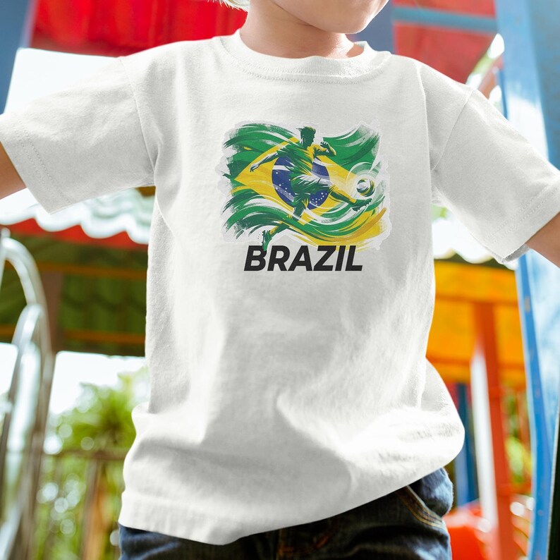 A child wearing a white t-shirt with a graphic of the Brazilian flag and the word "BRAZIL" printed on it.