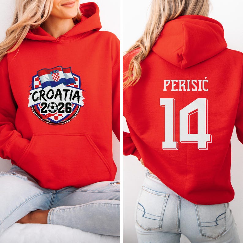 A red hoodie with a graphic of the Croatia national flag and the text "CROATIA 2026" printed on it. The back of the hoodie has the number "14" and the text "PERISIC" printed on it.