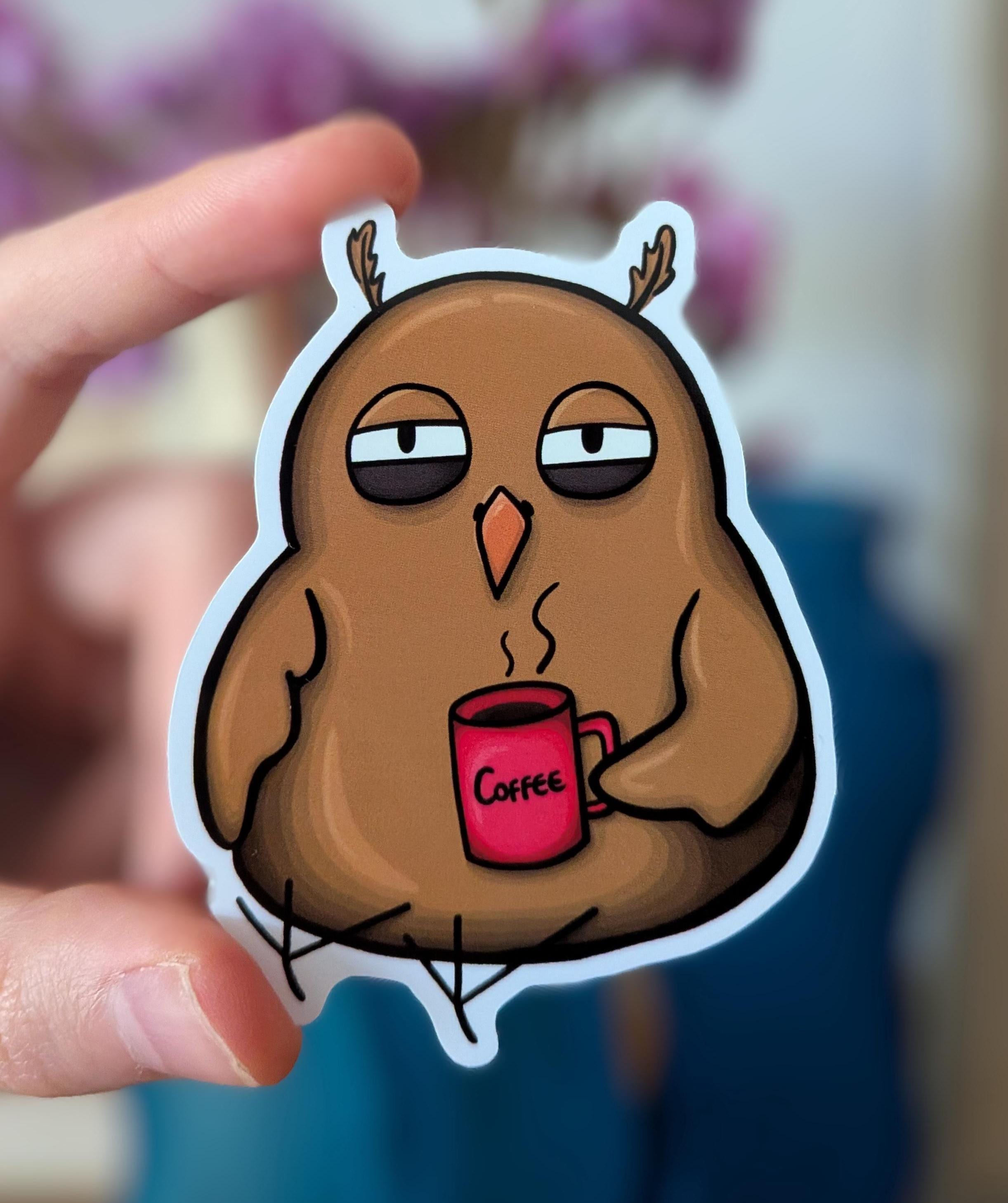 Tired Owl | Funny Sticker | Waterproof | Laptop Waterbottle Phone Case