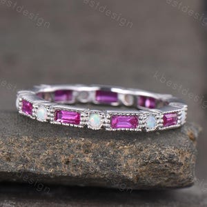 Vintage Ruby and Opal Wedding Band Baguette cut 925 silver wedding ring Unique Stacking ring matching band Bridal ring Anniversary gift ring