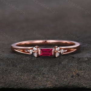 Baguette cut Ruby wedding band delicate rose gold wedding band unique moissanite cluster ring minimalist bridal matching stackable band
