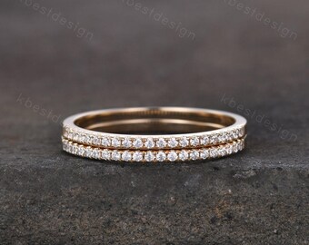 Conjunto de alianzas de boda de moissanita de 1,2 mm para mujer, alianza de media eternidad de oro amarillo macizo de 14k, minimalista, apilable, delicado, anillo de promesa nupcial.
