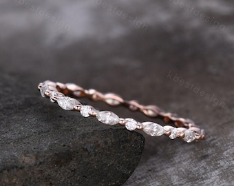 Anillo de boda único de moissanita talla marquesa, anillo de eternidad completo, alianza de boda de oro rosa de 14k, anillo de promesa, regalo para ella.
