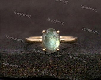 Anillo de labradorita en oro de 14k, gema de 8 x 6 mm o 1,25 ct, regalo para mujer.