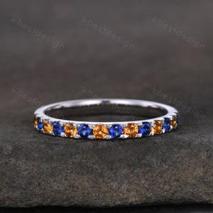 Sapphire Citrine Half Eternity Ring, Sterling Silver Stacking Band, Vintage Anniversary Gift