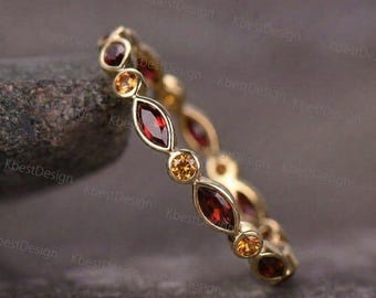 Delicada alianza de boda con granate y citrino, anillo apilable de oro de 14k, anillo de eternidad completo, regalo de aniversario.