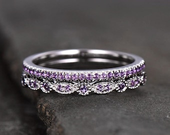 Anillo único de plata esterlina con amatista, conjunto de anillos de boda estilo art déco, alianza de boda de media eternidad, anillo a juego, regalo de aniversario, piedra natal de febrero.