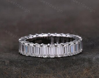 Anillo de boda vintage de moissanita talla baguette para mujer, anillos de oro blanco, anillo de compromiso único, anillo apilable de eternidad completa, anillo de promesa