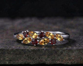 Anillo vintage de granate citrino, plata de ley, piedra natal de noviembre.