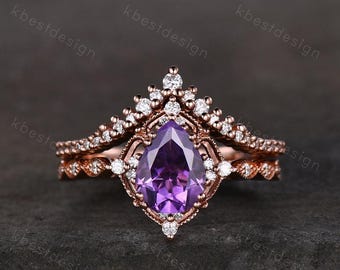 Conjunto de anillo de compromiso de amatista en oro rosa de 14 quilates, conjunto nupcial vintage de amatista en forma de pera, anillo de boda único de moissanita curvada, regalo de aniversario o promesa