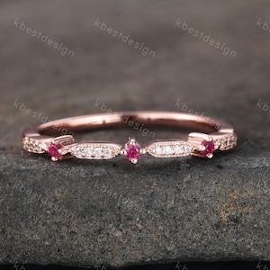 Delicate Ruby Wedding Band Ruby & Moissanite Wedding Band Half Eternity Matching Band Stackable Minimalist Bridal Anniversary Ring