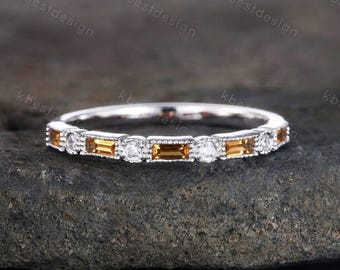 Anillo de boda con citrino natural talla baguette, anillo de media eternidad, plata de ley 925, delicado anillo apilable, piedra de nacimiento de noviembre, regalo de aniversario