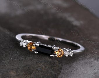 Anillo de boda de ónix negro, anillo de plata de ley con corte baguette, delicado anillo de boda de citrino, anillo apilable de piedras preciosas, regalo para ella.