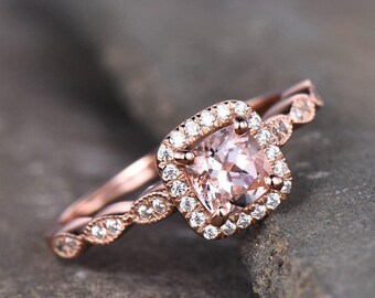 Anillo de compromiso de morganita natural de 6 mm, anillo de moissanita de oro rosa de 14k, anillo de morganita vintage para mujer, regalo personalizado de aniversario.