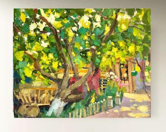 Original Garden Path Wall Art, Textured Apple Tree Landscape Wall Decor, One of a Kind Nature Gift, Bright Home Decor