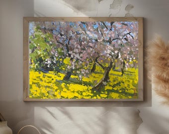 Apple Blossom Oil Painting Dandelions, Meadow Landscape, Textured Garden Art Floral Home Decor