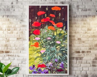 Wildflower Poppy Oil Painting , Original Floral Wall Art on Canvas ,  Garden Artwork for Hallway or Entrance Decor