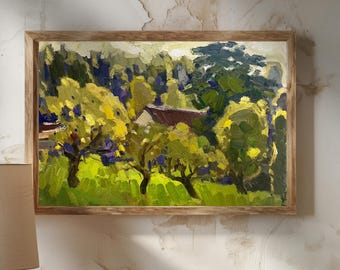 Apple Trees Art, Original Autumn Cottage , Landscape Oil Painting, House Trees Wall Art