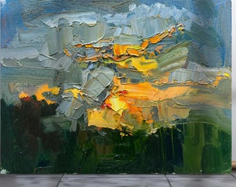 Original Sunset Clouds Art, Oil Painting Dramatic Sky Landscape, High Impressionist Wall Art Zen Gift