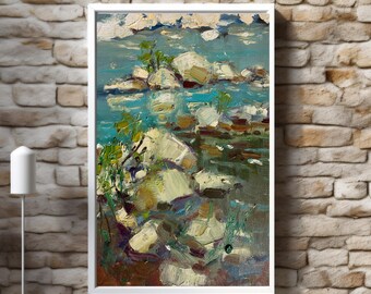Original Blue Green Lake Painting, Stone Painting Art, Handmade Nature Wall Art, Calm Home Decor with Water and Stones