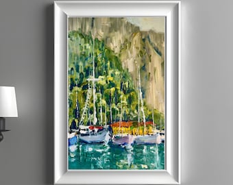 Original Oil Sailboat Wall Art Harbor  in Kotor  Montenegro Painting, Coastal Wall Decor, Unique Gift for Graduate, Birthday, Celebration