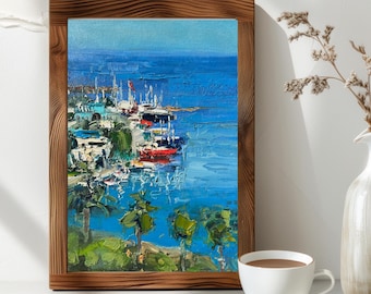 Port Of Batumi in Georgia Seascape Oil Painting, Original Coastal Harbor Artwork on Canvas, Blue Ocean Wall Art for Modern Home Decor