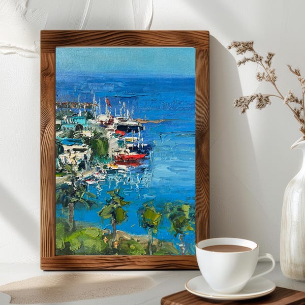 Port Of Batumi in Georgia Seascape Oil Painting, Original Coastal Harbor Artwork on Canvas, Blue Ocean Wall Art for Modern Home Decor
