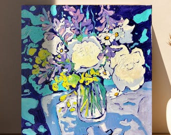 White Peony Oil Painting Original, Still Life Painting on Canvas, Peony Wall Art,Textured Bouquet Wall Art for Bedroom or Living Room  Decor