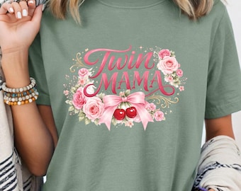 Twin Mama Shirt Cherry , Comfort Colors Tee, Floral Mom Shirt, Pink Bow Mama T Shirt, Mommy and Me Gift, Matching Family Shirt