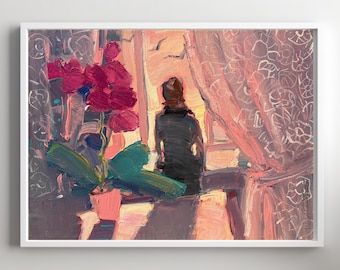 Romantic Woman by the Window Oil Painting, Original Interior Painting Artwork on Canvas, Romantic Figure Painting for Elegant Home Decor