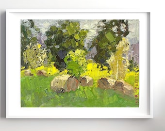 Original Art  Haystack Oil Painting Landscape, Nature Textured  Painting, Woodland Wall Art, Floral Wall Art for Calm Home Decor
