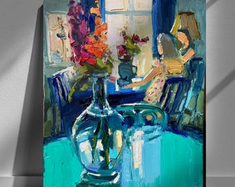 Blauwe muur kunst canvas, stilleven olieverfschilderij origineel, rustieke raamkunst. Turquoise muurkunst, elegant handgemaakt canvas voor huisdecoratie