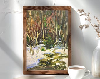 Original Spring Forest Oil Wall Decor Snowy Spring Hazelnut Trees Landscape, Textured Woods Art Home Decor