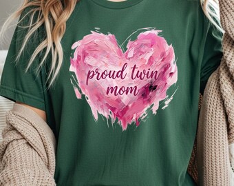 Proud Twin Mom Shirt, Comfort Colors Tee, Pink Heart Mama T Shirt, Mom of Twins Gift, Floral Twin Mama Shirt. Mother"s Day Gift