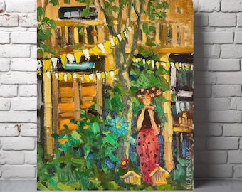 Original Garden Scene Oil Painting, Woman Decor in Red Dress, One of a Kind Wall Art, Colorful Gift Home Decor
