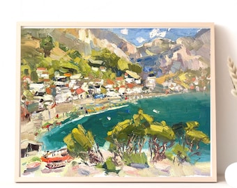 Original Beach Oil Painting, Sutamore in Montenegro, Kind Wall Art Gift for Graduation, Housewarming, Coastal Landscape Decor