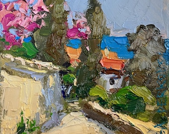 Original Montenegro Plein Air Oil Painting, Colorful Village Houses and Blue Sky Canvas, Impressionist Wall Decor Gift