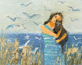 Girl with Cat Oil Painting Digital PNG,  Impressionist Wall Art Download, Soft Blue Sea Landscape, Print for Cat Lover Decor