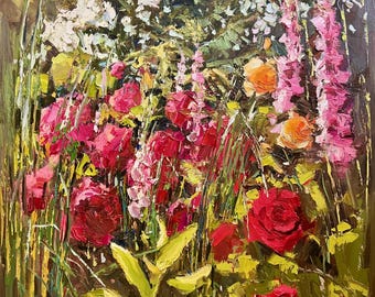 Garden Roses Art, Original  Oil Painting , Impasto Art, Large Colorful  Wall Art, Flower Wall Decor for Living Room or Bedroom