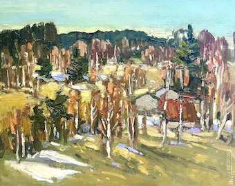 Original Spring Birch Trees Oil Painting, Last Snow Landscape Canvas, Textured Early Spring Rural Art Decor