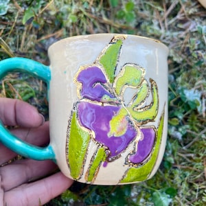 Handmade  Iris Floral Ceramic Coffee Mug, Artisan Pottery Cup, Hand-painted Flower Pottery, Cottagecore Gift, Aesthetic Latte Mug