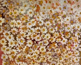 Original Gold Dimensional Wall Art Floral Painting, Handmade Textured Daisy Meadow Art, Gold Leaf Canvas, Klimt Style Wall Art