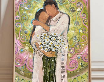 Luminous Wall Art  Romantic Couple Painting, Gold Leaf Dimensional Decor, Daisies Painting, Mixed Media Original Art
