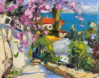 Coastal Oil Painting, Sunny Wall Art, Original Montenegro Village Street by the Sea Canvas Art , Travel Gift for Graduation, Nurses, Teacher