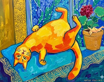 Matisse Style Sleeping Cat Digital PNG Printable Cat Wall Art, Colorful Whimsical Cat Art, Pet Decor, Instant Download, Cat Wall Print